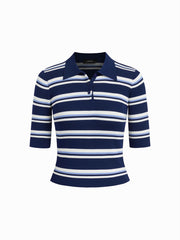 Knit Collar Stripe Button Mid-length Sleeve Top