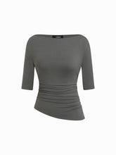 Boat Neck Mid-length Ruched Asymmetrical Hem Sleeve Tee