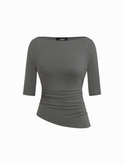 Boat Neck Mid-length Ruched Asymmetrical Hem Sleeve Tee