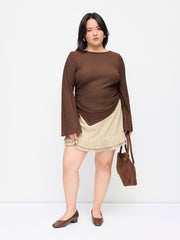 Boat Neck Ruched Drawstring Bell Sleeve Top Curve & Plus