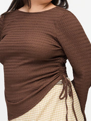 Boat Neck Ruched Drawstring Bell Sleeve Top Curve & Plus