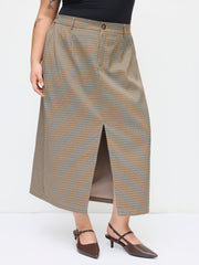 Houndstooth Mid Rise Elastic Waist Split Maxi Skirt Curve & Plus