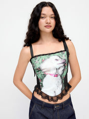 Dog Graphic Floral Square Neck Lace Trim Knotted Cami Top