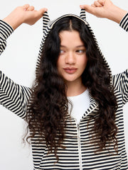 Cotton-blend Stripe Long Sleeve Zip Through Hoodie