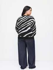 Knit Zebra Striped V-neck Long Sleeve Button Oversized Cardigan Curve & Plus
