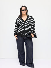 Knit Zebra Striped V-neck Long Sleeve Button Oversized Cardigan Curve & Plus