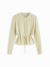 Cable Knit Round Neckline Hollow Out Drawstring Cardigan