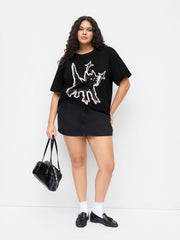 Cotton-blend Round Neckline Cat Graphic Oversized Tee Curve & Plus