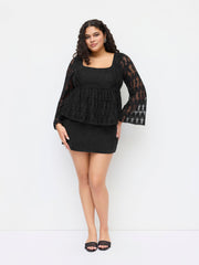 Cotton-blend Lace Ruffle Bell Sleeve Blouse Curve & Plus