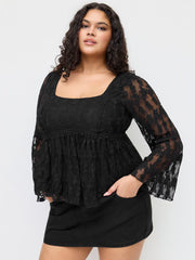 Cotton-blend Lace Ruffle Bell Sleeve Blouse Curve & Plus