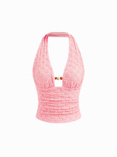 Lace Halter Neckline Floral Beaded Ruched Backless Top