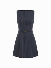 Boat Neck Striped Belted Mini Tank Dress