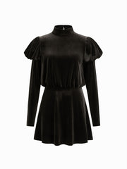 Velvet Stand Collar Ruched Ruffle Hem Mini Dress