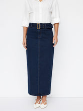 Stretch Denim Mid Rise Split Back Maxi Skirt With Belt