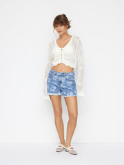 Cider Stretch Denim Mid Rise Floral Raw Hem Micro Shorts