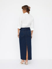 Stretch Denim Mid Rise Split Back Maxi Skirt With Belt