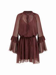 Chiffon High Neck Ruffle Knotted Mini Dress With Solid Cami Mini Dress