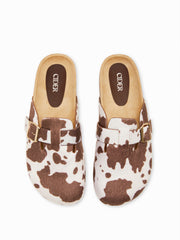 COWHIDE PRINT FAUX SUEDE MULE FLATS