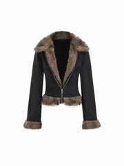 Denim Collar Faux Fur Trim Long Sleeve Jacket