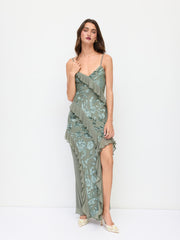 Mesh V-neck Floral Ruffle Asymmetrical Hem Maxi Bodycon Dress