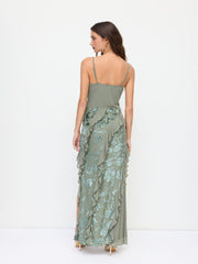 Mesh V-neck Floral Ruffle Asymmetrical Hem Maxi Bodycon Dress