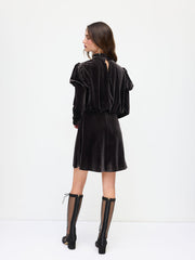 Velvet Stand Collar Ruched Ruffle Hem Mini Dress
