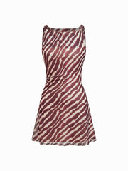 Mesh Zebra Striped Boat Neck Ruched Mini Dress