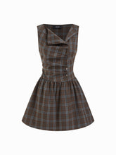 Plaid Asymmetrical Neck Ruched Tie Back Mini Dress