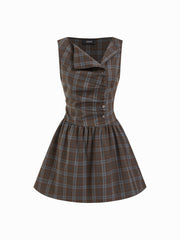 Plaid Asymmetrical Neck Ruched Tie Back Mini Dress