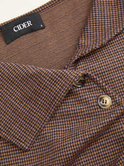 Collar Houndstooth Asymmetrical Button Ruched Top