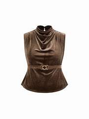 Velvet High Neck Metal Detail Belted Elastic Waist Tank Top Curve & Plus