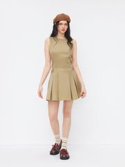 Cotton-blend Round Neckline Pleated Mini Dress