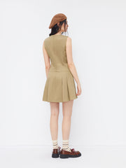 Cotton-blend Round Neckline Pleated Mini Dress