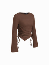 Texture Boat Neck Bell Sleeve Drawstring Ruched Asymmetrical Hem Top