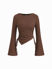Texture Boat Neck Bell Sleeve Drawstring Ruched Asymmetrical Hem Top