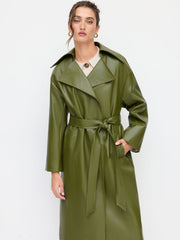 Faux Leather Trench Coat With Belt