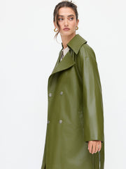 Faux Leather Trench Coat With Belt