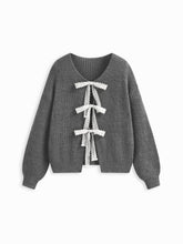 Knit V-neck Long Sleeve Tie Front Bow Oversized Cardigan