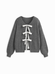 Knit V-neck Long Sleeve Tie Front Bow Oversized Cardigan