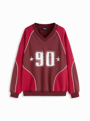 Cotton-blend V-neck 90 Graphic Two Tone Contrasting Binding Oversized Sweatshirt
