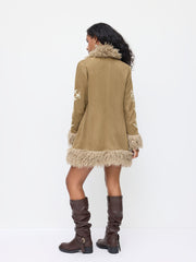 Velvet Collar Faux Fur Trim Graphic Coat