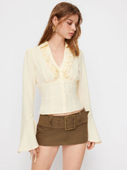 Textured V-neck Lettuce Trim Knotted Cinched Waist Bell Sleeve Blouse