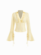 Textured V-neck Lettuce Trim Knotted Cinched Waist Bell Sleeve Blouse