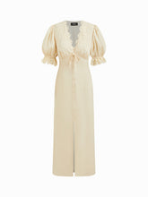 Satin V-neck Lace Trim Tie Front Puff Sleeve Maxi Dress