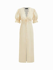 Satin V-neck Lace Trim Tie Front Puff Sleeve Maxi Dress