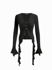 V-neck Metal Detail Cut Out Ruffle Hem Top