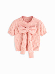Cable Knit Round Neckline Short Sleeve Bowknot Top