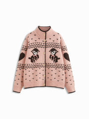 Knit Wool-blend Deer & Heart Pattern Fair Isle Oversized Jacket