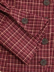 100% Cotton Plaid Deep V-neck Long Sleeve Ruffle Trim Belted Blouse