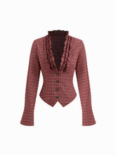 100% Cotton Plaid Deep V-neck Long Sleeve Ruffle Trim Belted Blouse